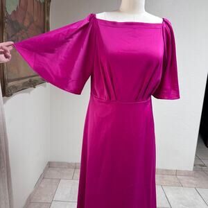 fuchsia satin midi dress flutter sleeve drape wedding guest party women 8